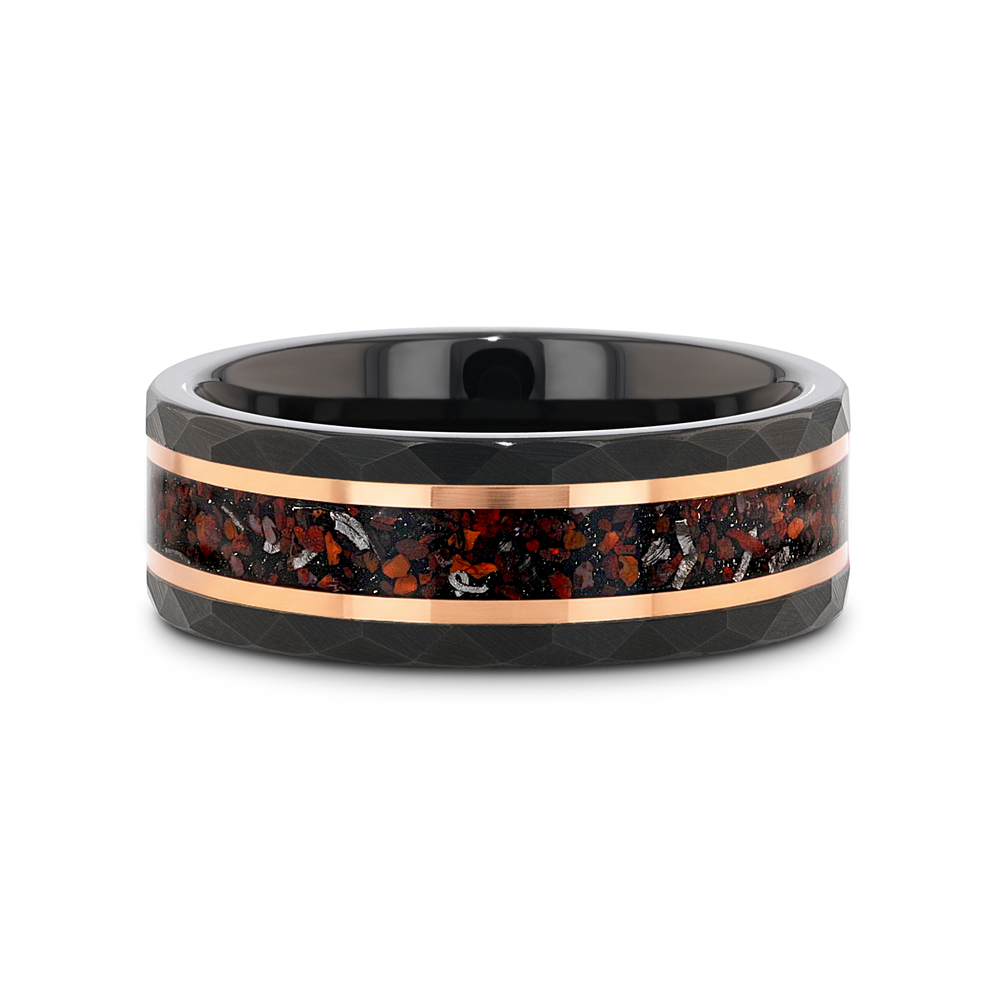 INFERNO Black/Rose Hammered Tungsten Carbide Ring with Dinosaur Bones and Meteorite – 8mm