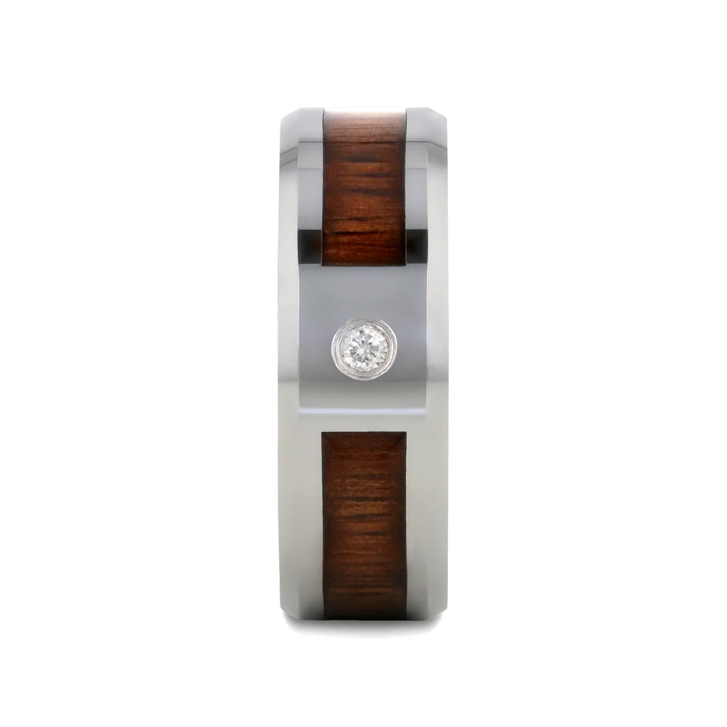 KAHUNA Tungsten Carbide Beveled Edged Diamond Wedding Band with Koa Wood Inlay & Polished Edges - 8mm