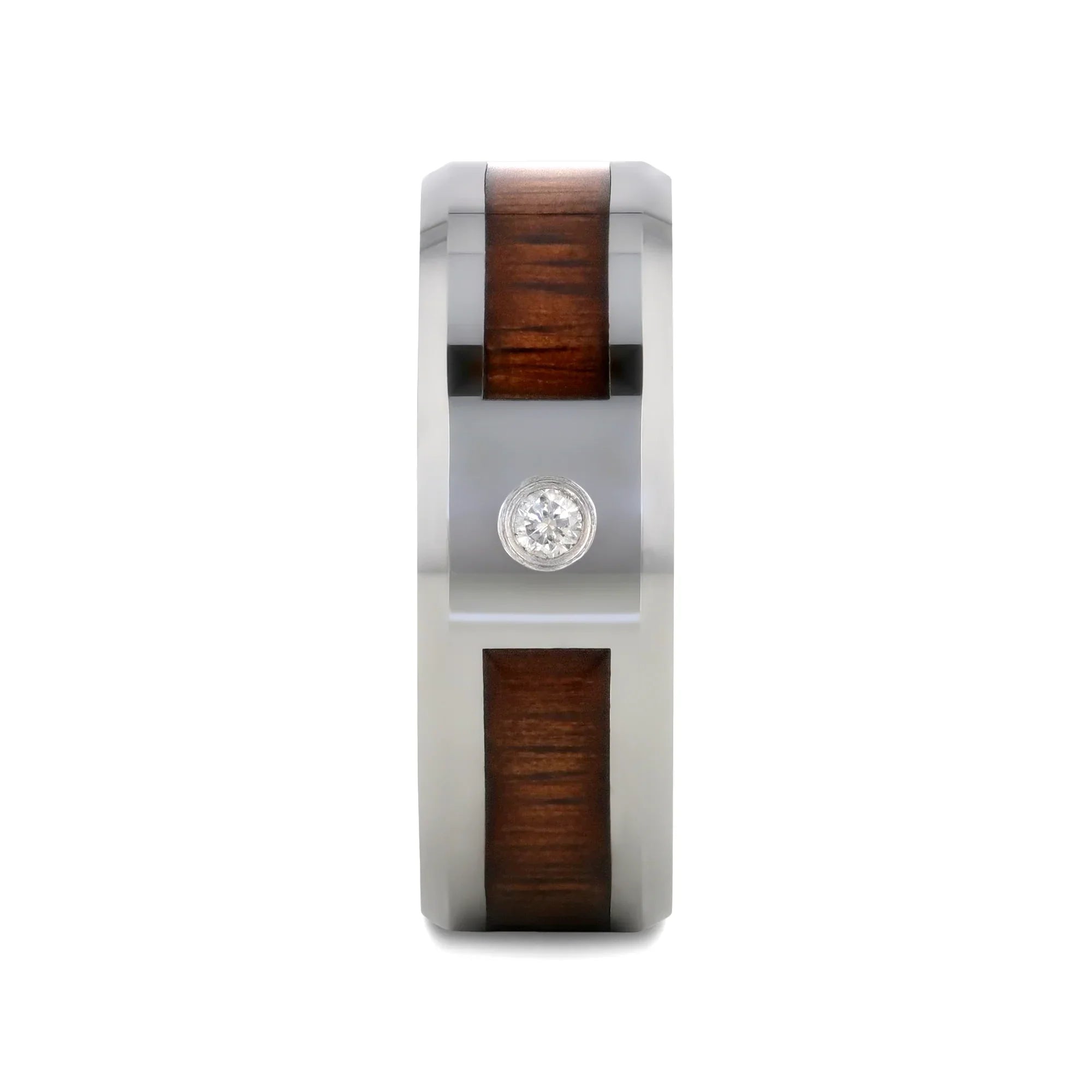 KAHUNA Tungsten Carbide Beveled Edged Diamond Wedding Band with Koa Wood Inlay & Polished Edges - 8mm