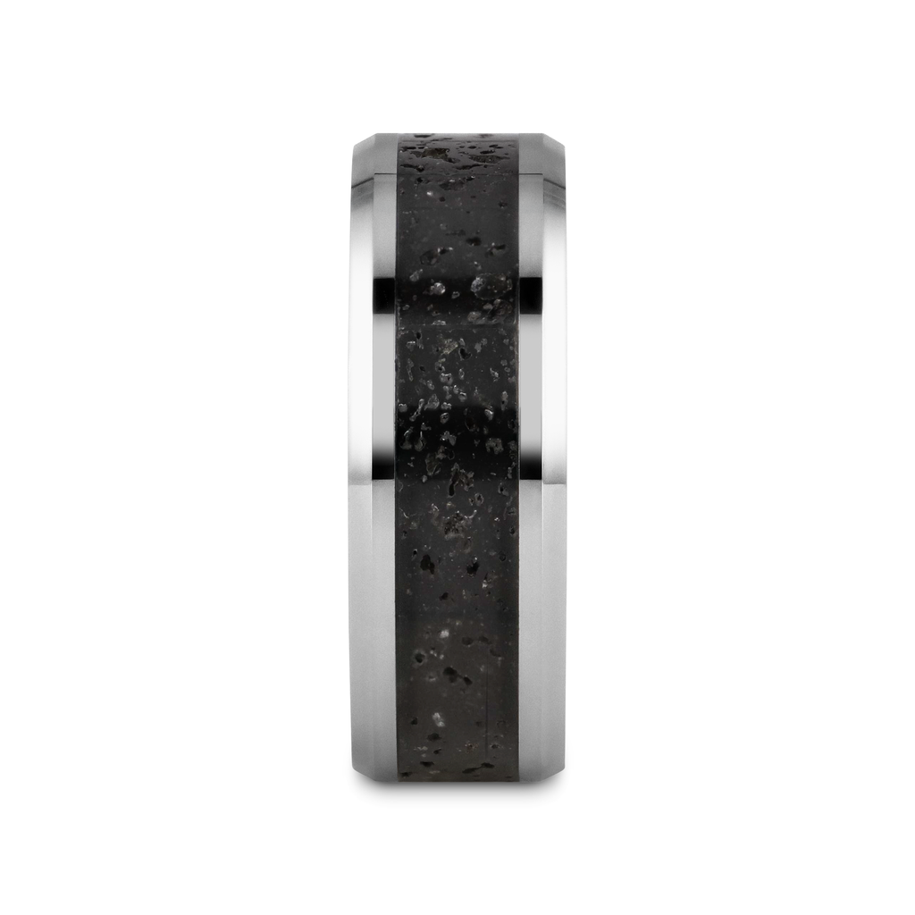 KILAUEA Men’s Polished Tungsten Wedding Band with Black & Gray Lava Rock Stone Inlay & Polished Beveled Edges - 8mm