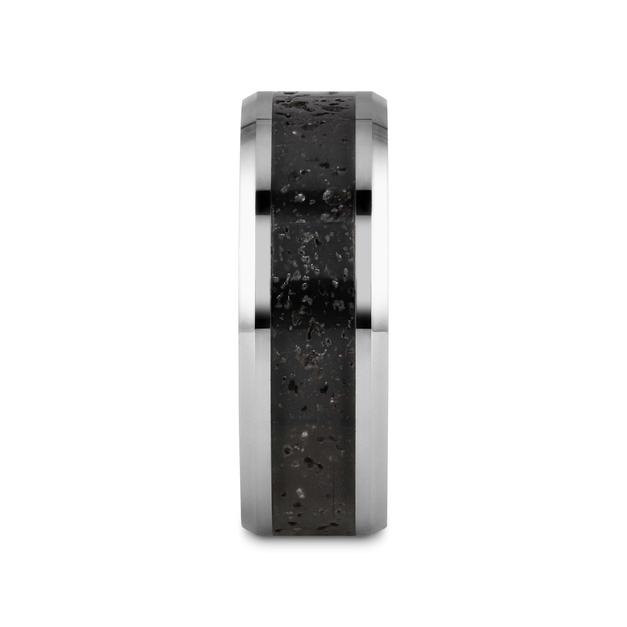 KILAUEA Men’s Polished Tungsten Wedding Band with Black & Gray Lava Rock Stone Inlay & Polished Beveled Edges - 8mm