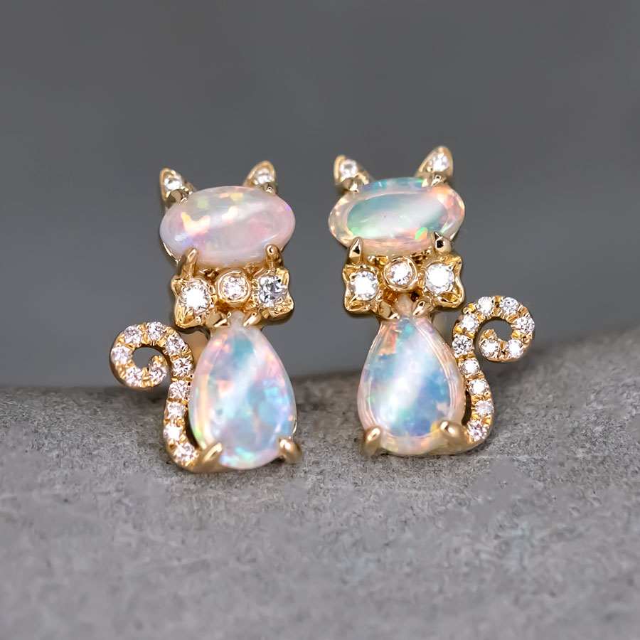 Kitten Cat Australian Opal Diamond Stud Earrings 14K Gold