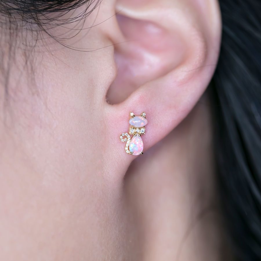 Kitten Cat Australian Opal Diamond Stud Earrings 14K Gold