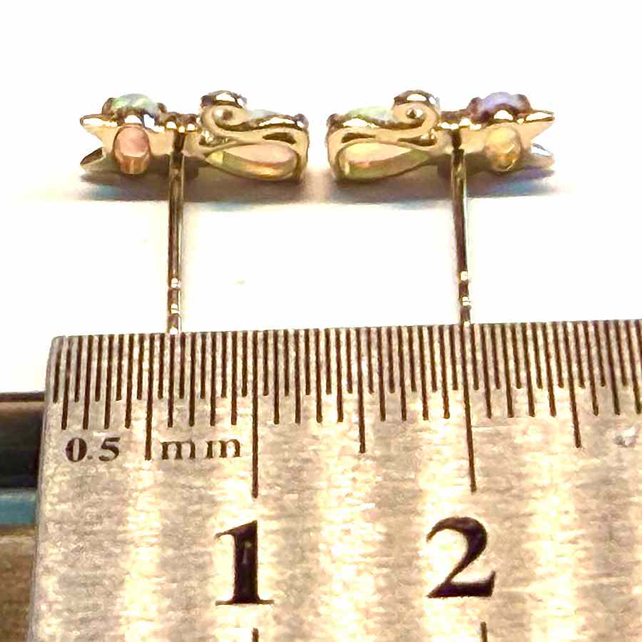 Kitten Cat Australian Opal Diamond Stud Earrings 14K Gold