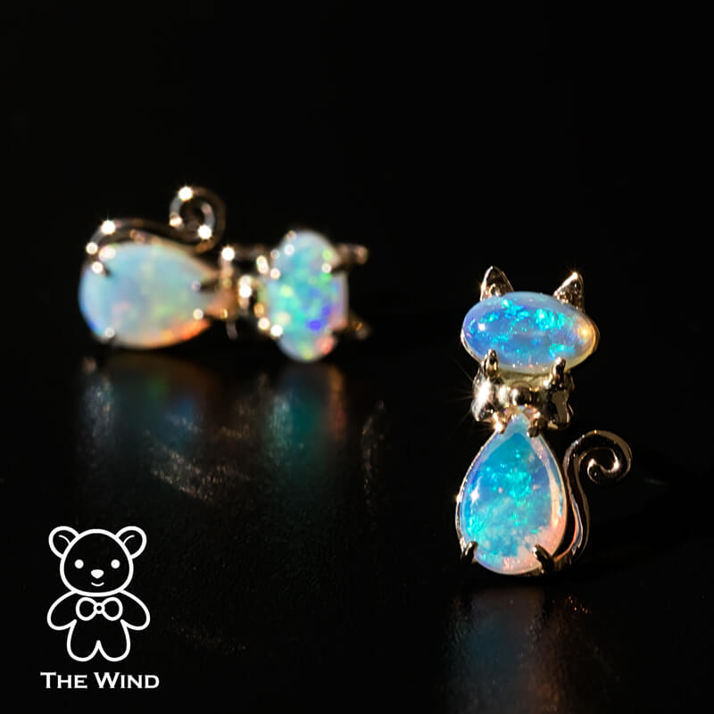 Kitty Cat Australian Solid Opal Stud Earrings 14k Yellow Gold