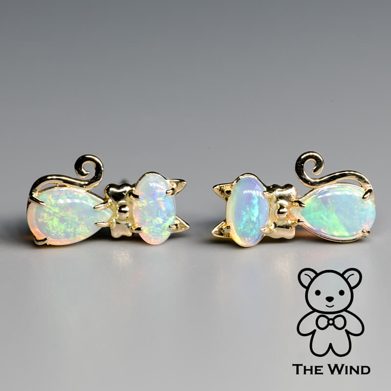 Kitty Cat Australian Solid Opal Stud Earrings 14k Yellow Gold