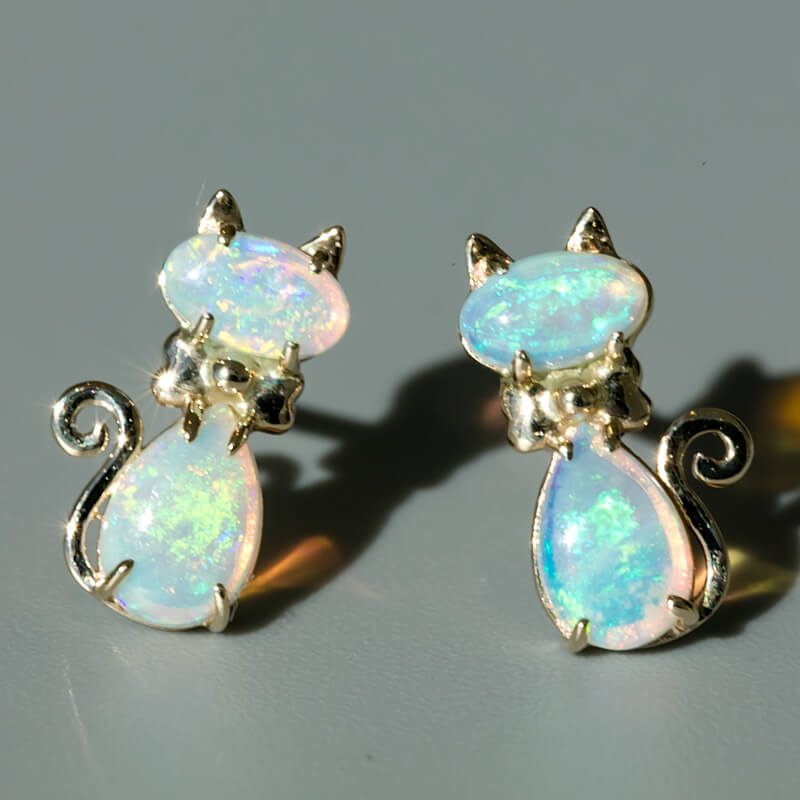 Kitty Cat Australian Solid Opal Stud Earrings 14k Yellow Gold
