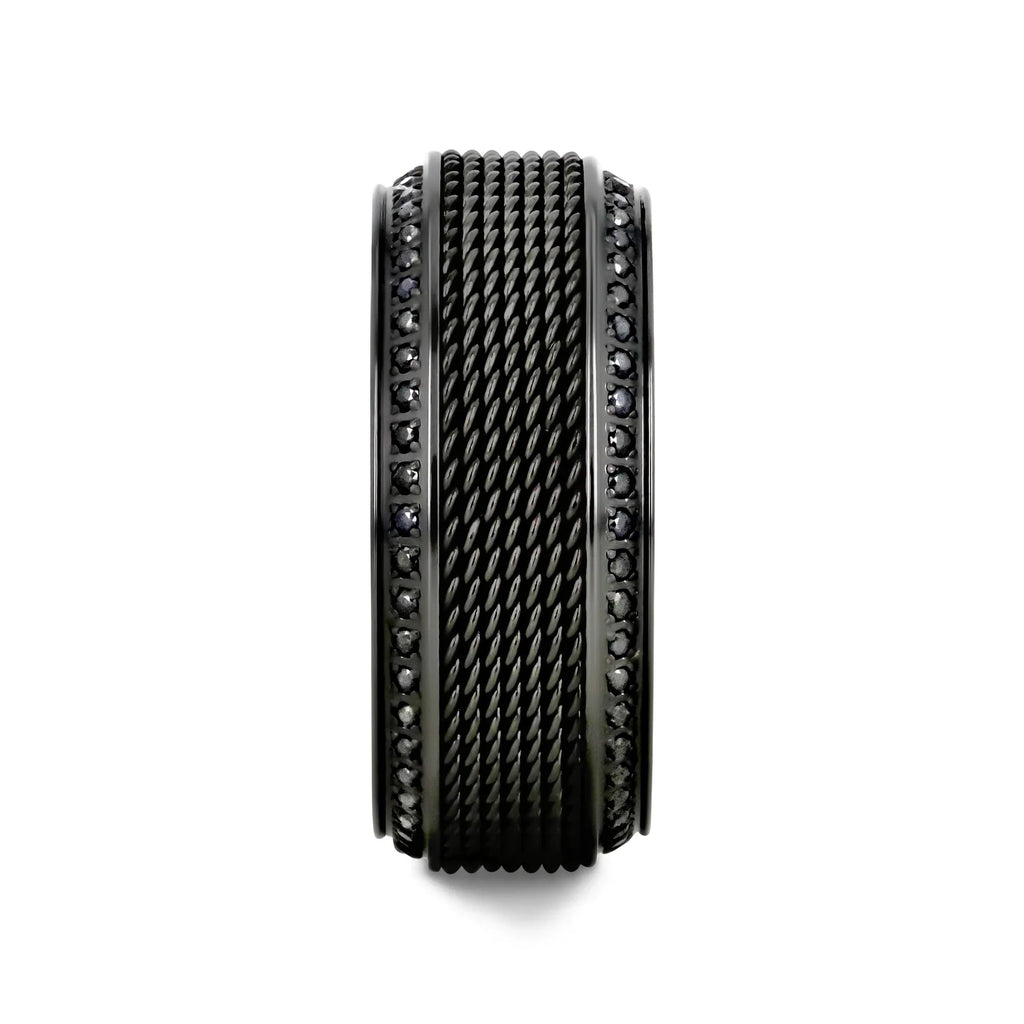 KNIGHT Steel Chain Black Titanium Wedding Ring Polished Beveled Edges Set with Round Black Diamonds - 10mm