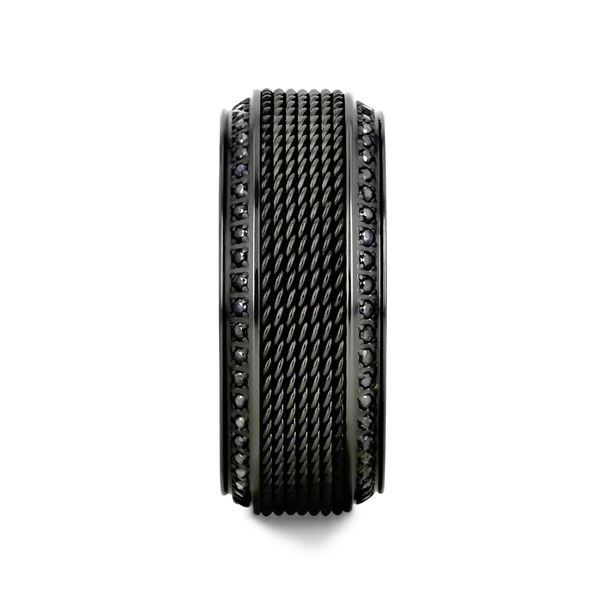 KNIGHT Steel Chain Black Titanium Wedding Ring Polished Beveled Edges Set with Round Black Diamonds - 10mm