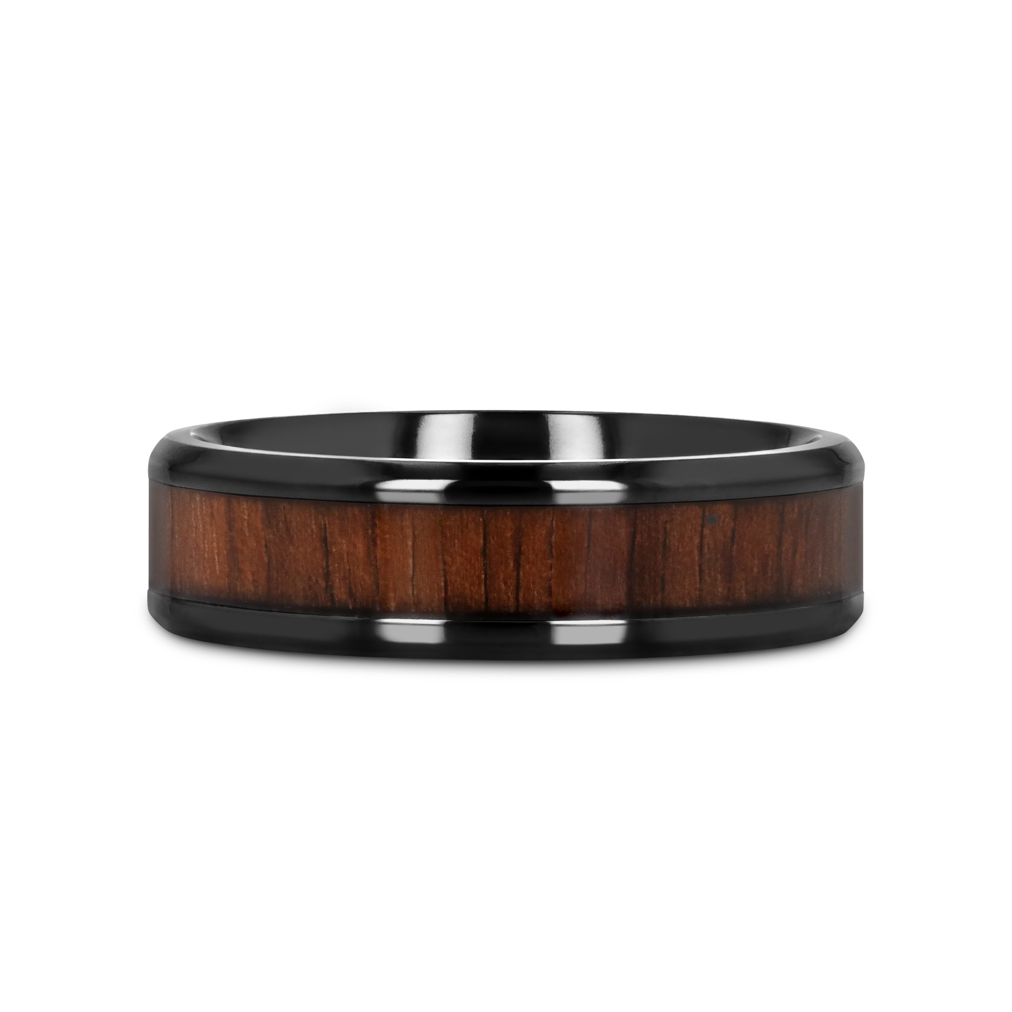 KONY Black Titanium Polished Beveled Edges Black Walnut Wood Inlaid Men’s Wedding Ring - 6mm & 8mm