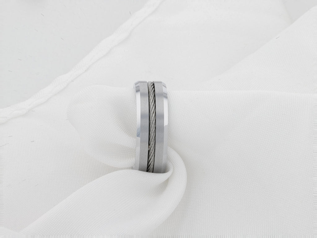LANNISTER Men’s Tungsten Flat Wedding Band with Steel Wire Cable Inlay & Beveled Edges - 8mm