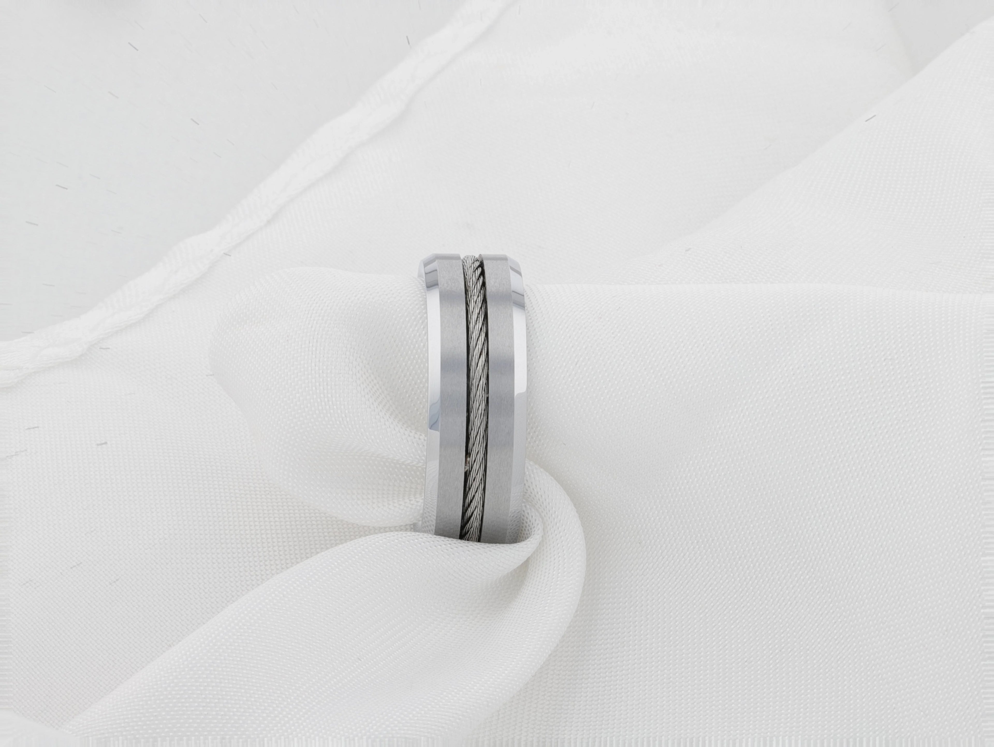 LANNISTER Men’s Tungsten Flat Wedding Band with Steel Wire Cable Inlay & Beveled Edges - 8mm