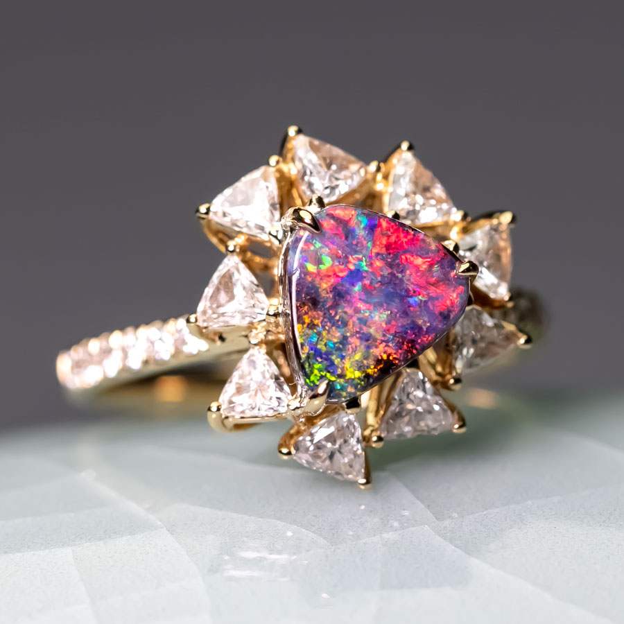 La Estrella - Halo Trillion Diamond Boulder Opal Engagement Ring 18K Yellow Gold