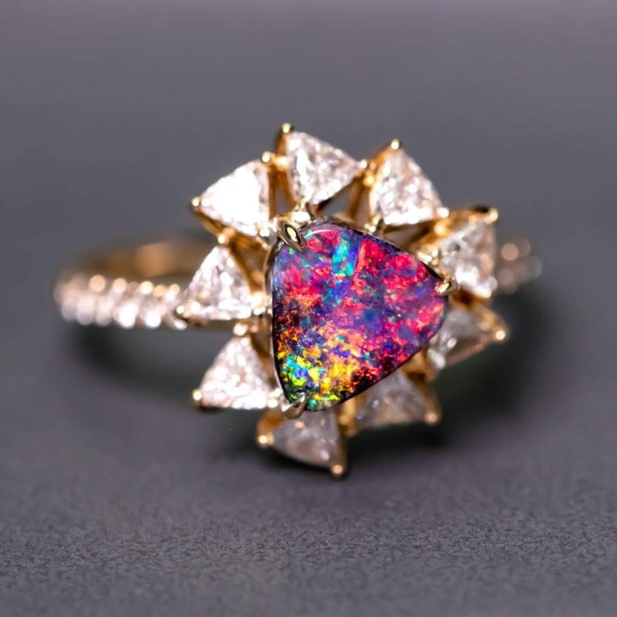 La Estrella - Halo Trillion Diamond Boulder Opal Engagement Ring 18K Yellow Gold