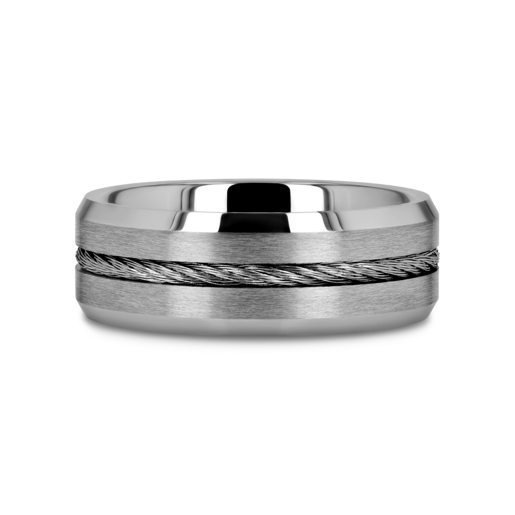 LANNISTER Men’s Tungsten Flat Wedding Band with Steel Wire Cable Inlay & Beveled Edges - 8mm