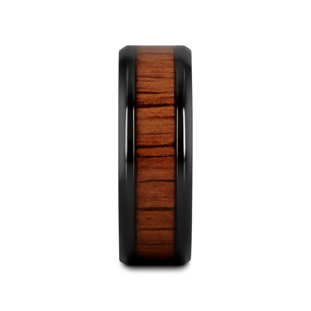 LEIFI Black Titanium Ring with Koa Wood Inlay and Bevels - 8mm