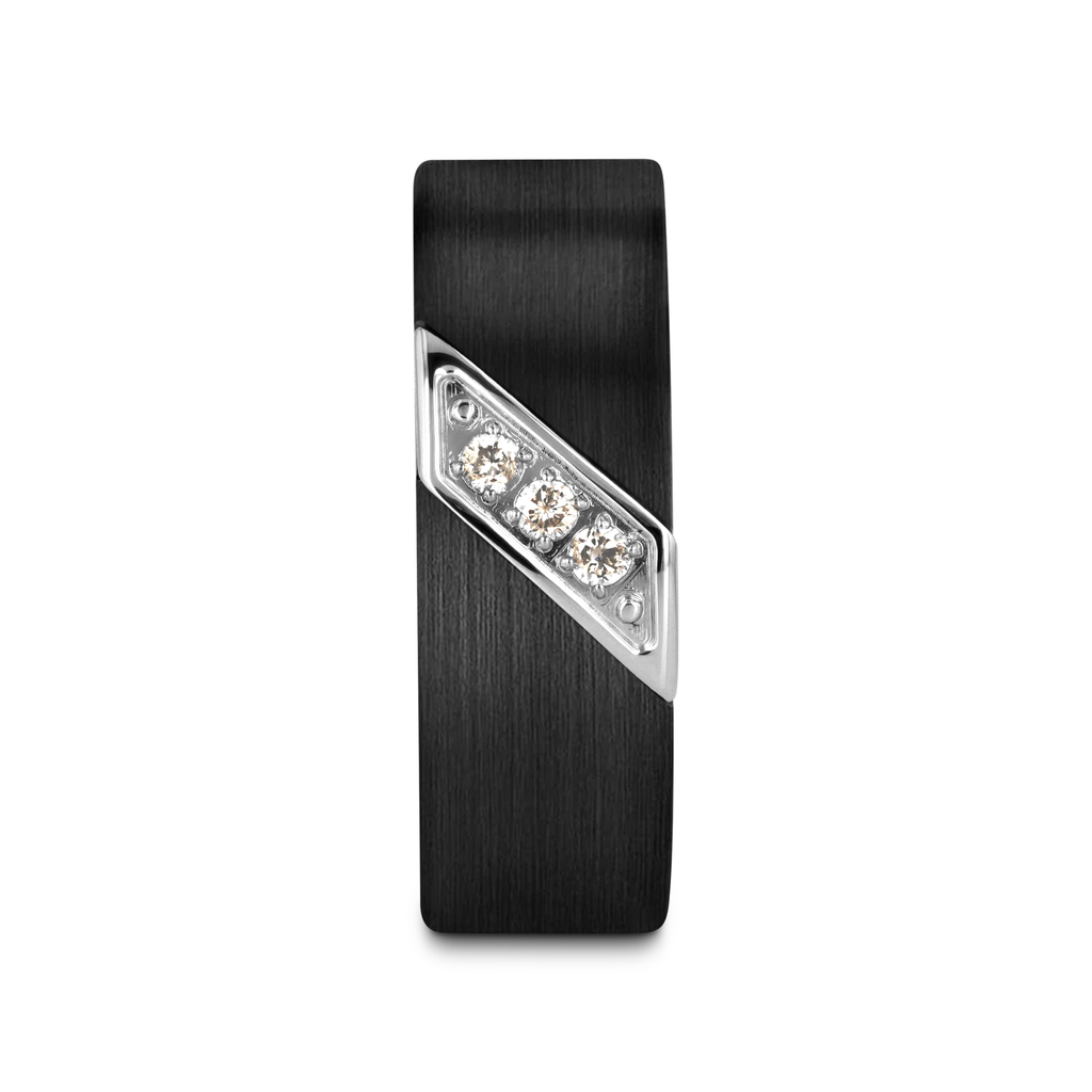 LIAM 8 mm Flat Black Satin Tungsten Carbide Wedding Band with Diagonal Diamonds in Stainless Steel