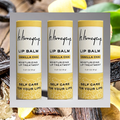 3 vanilla chai lip balms in a row showing discount for buying multiples