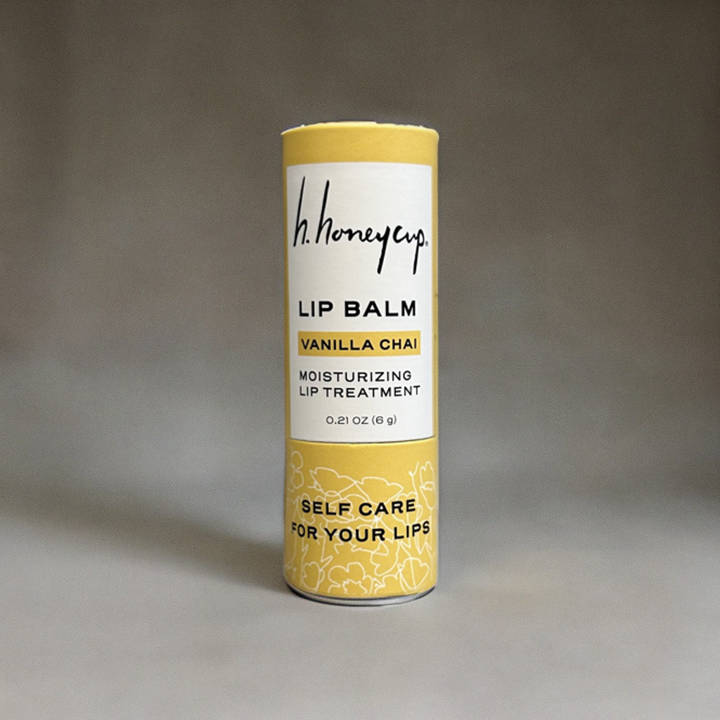 Vanilla Chai lip balm paper board container stating self care for your lips