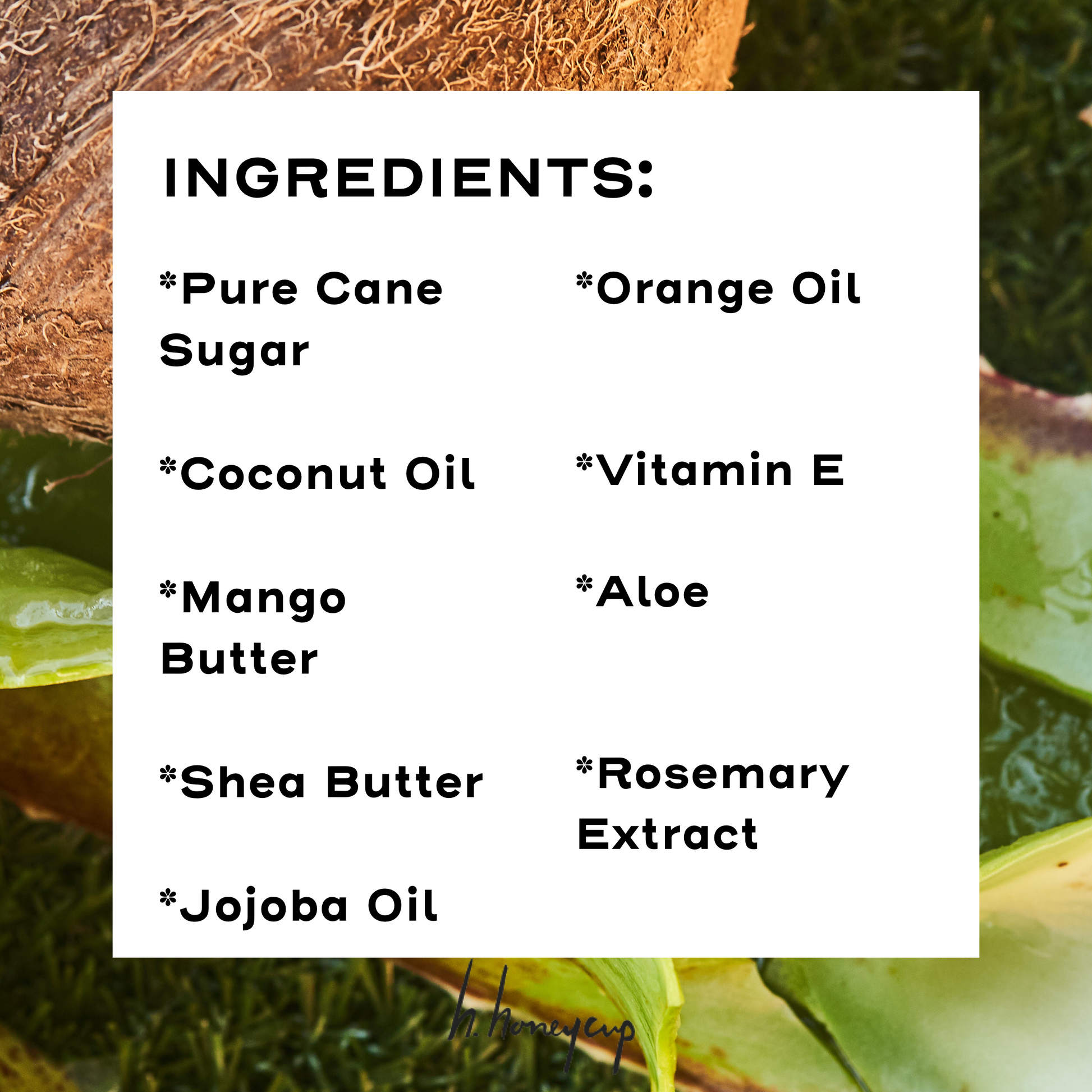 List of lip scrub ingredients with aloe in background (key ingredient with coconut oil)