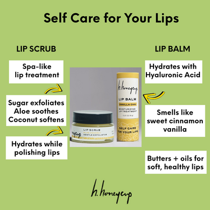 Lip scrub and lip balm image with product features like hydrates while polishing lips