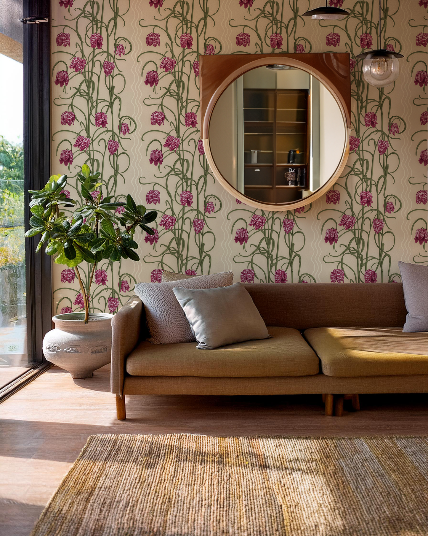 Campanas Wallpaper, tan and magenta