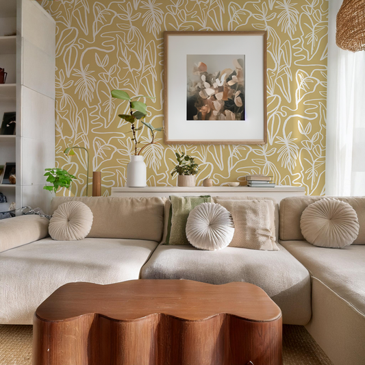 Inked Foliage Wallpaper, butter yellow and white