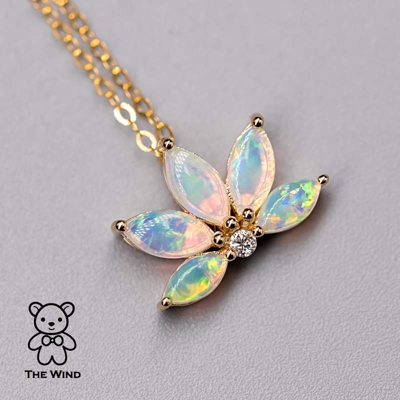 Lotus Water Lily Design Australian Solid Opal Diamond Necklace 14K Yellow Gold