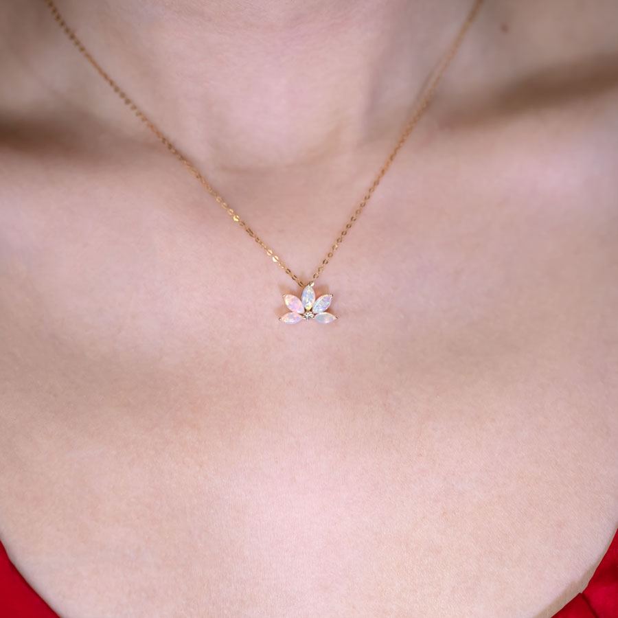 Lotus Water Lily Design Australian Solid Opal Diamond Necklace 14K Yellow Gold
