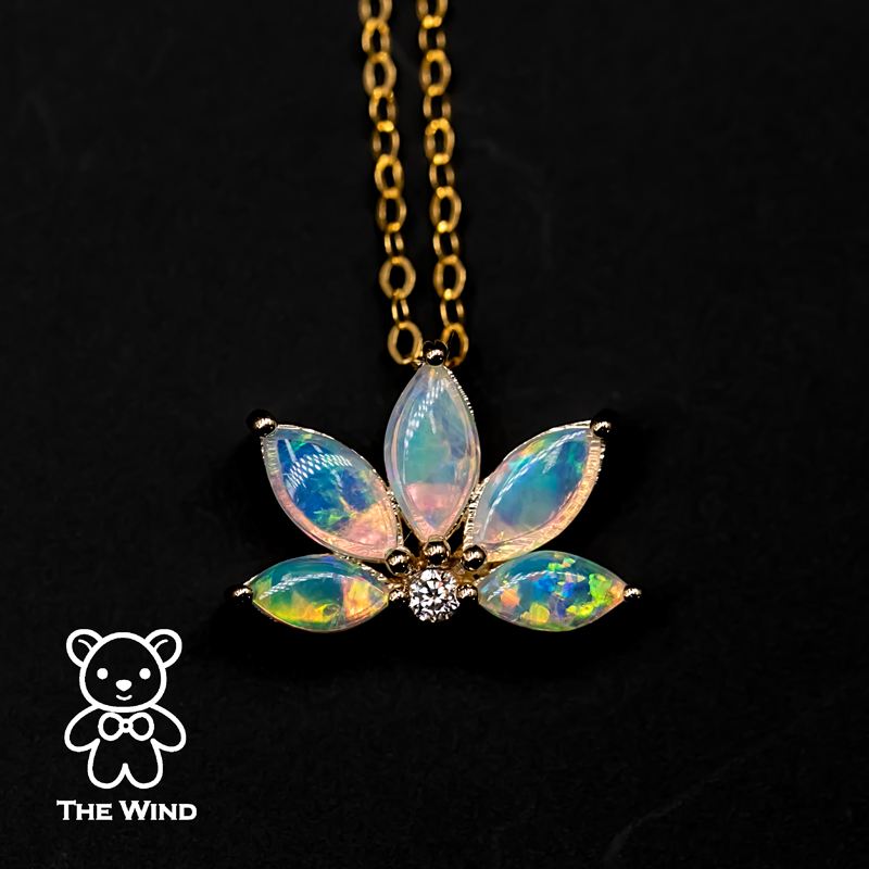 Lotus Water Lily Design Australian Solid Opal Diamond Necklace 14K Yellow Gold