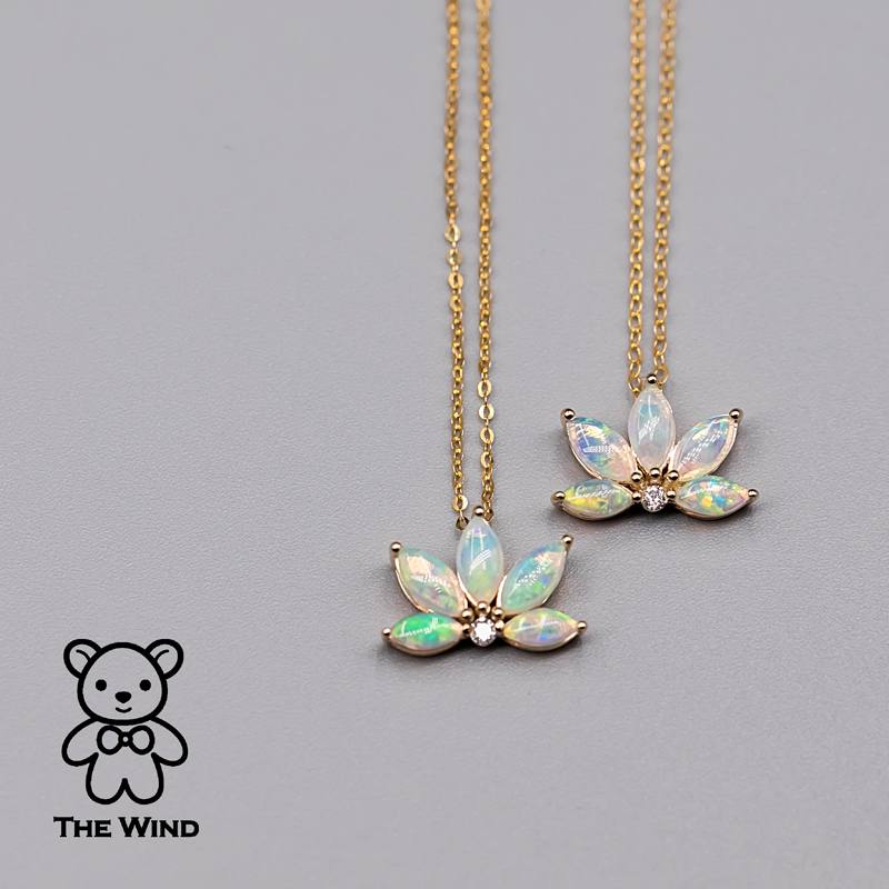 Lotus Water Lily Design Australian Solid Opal Diamond Necklace 14K Yellow Gold