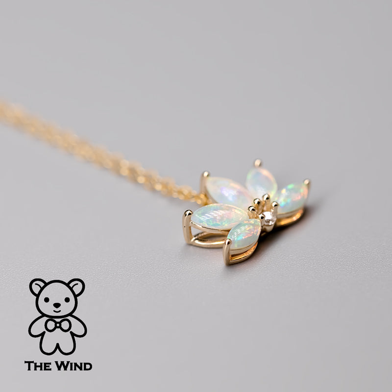 Lotus Water Lily Design Australian Solid Opal Diamond Necklace 14K Yellow Gold