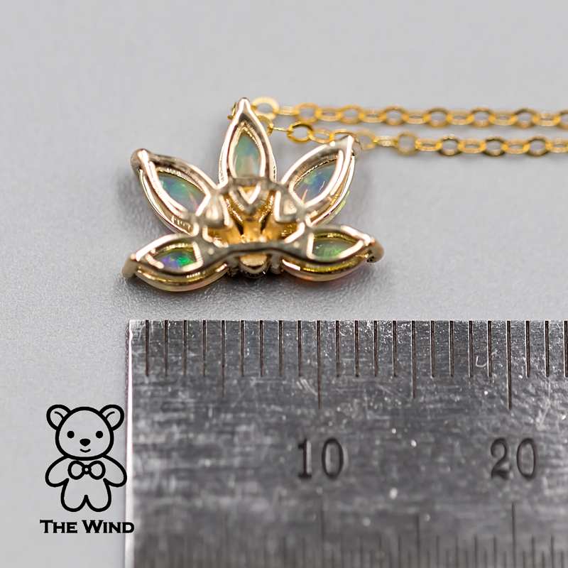 Lotus Water Lily Design Australian Solid Opal Diamond Necklace 14K Yellow Gold
