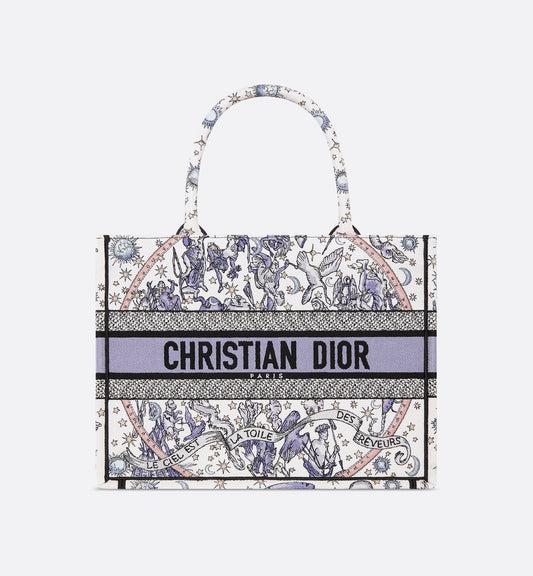 Lucky Medium Book Tote White and Blue Dior Night of Dreams Embroidery