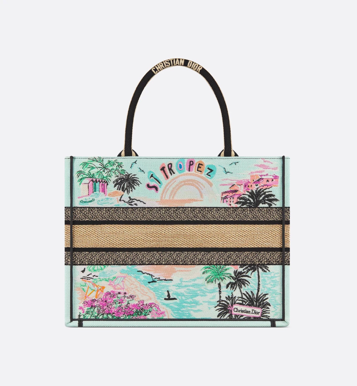 Souvenir Medium  Book Tote Natural Raffia and Multicolor Embroidered Cotton