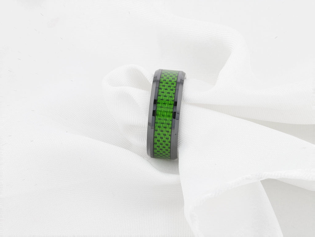 MATLAL Beveled Black Ceramic Ring with Emerald Green Carbon Fiber Inlay - 8mm