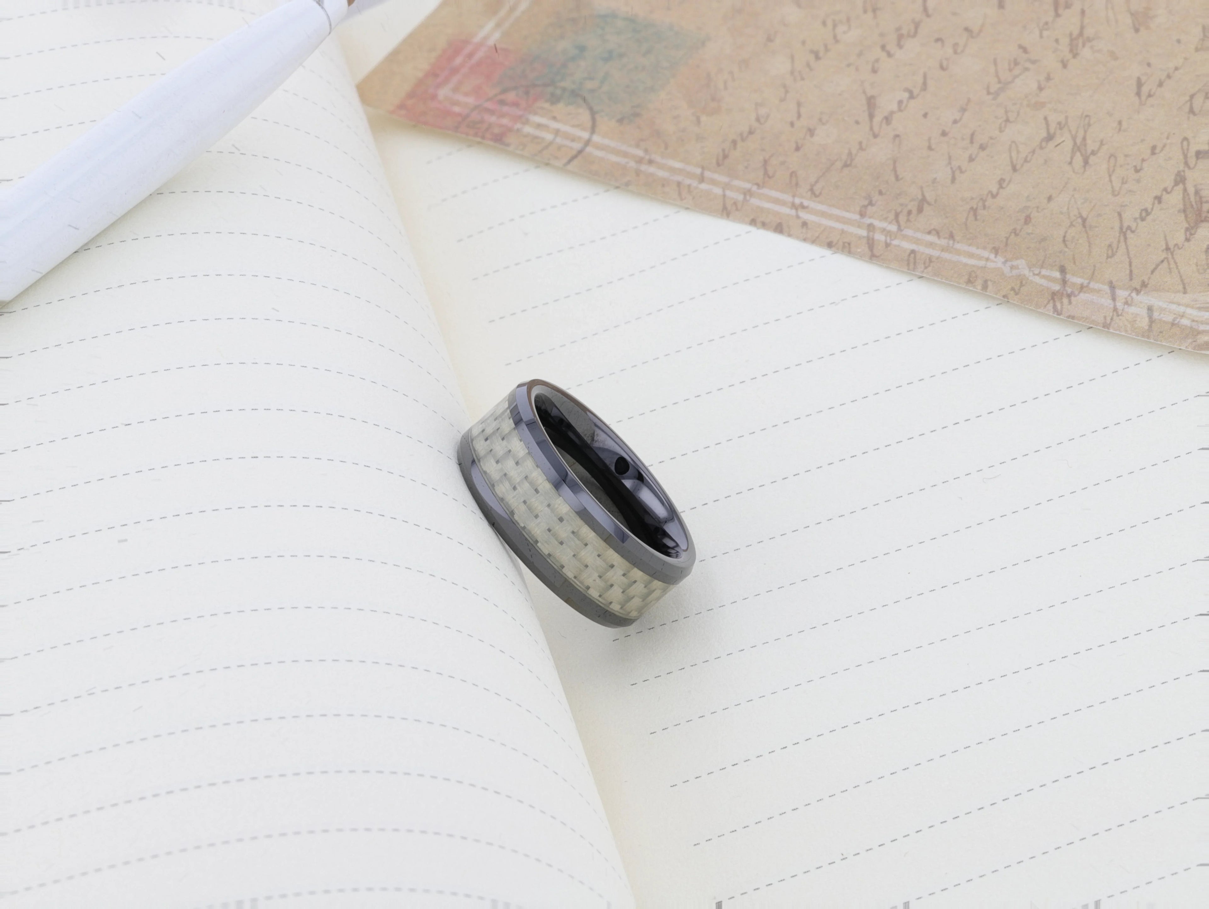 MYSTIQUE Beveled White Carbon Fiber Inlaid Ceramic Ring - 8mm