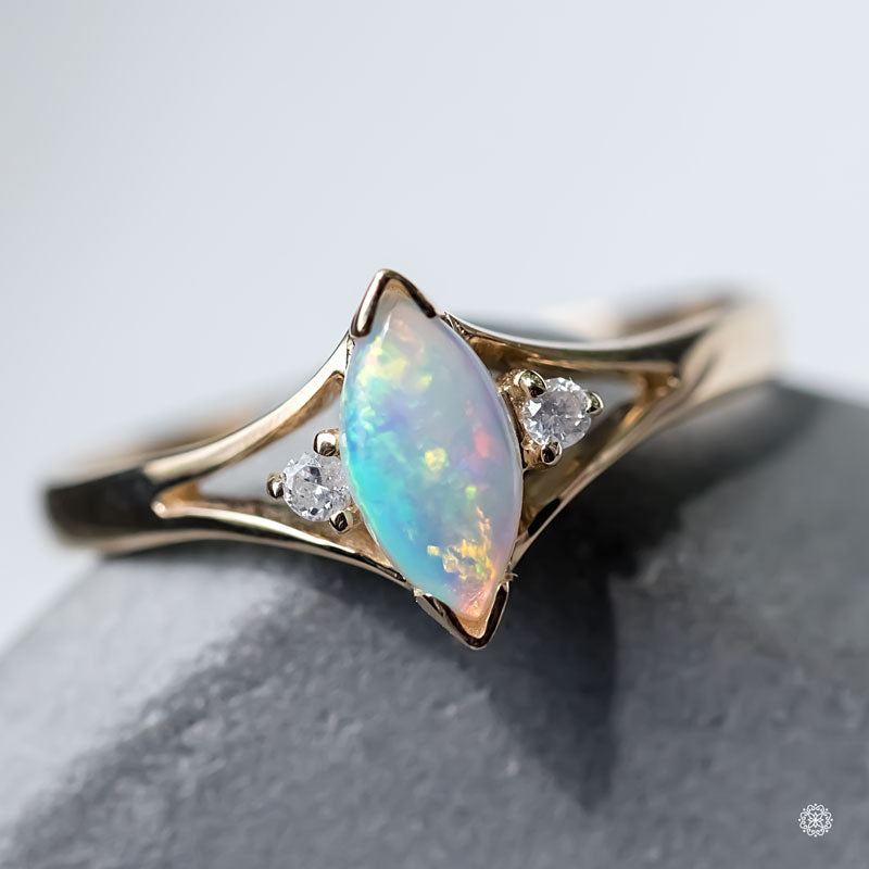 Marquise Cut Australian Solid Opal & Diamond Ring 14K Yellow Gold