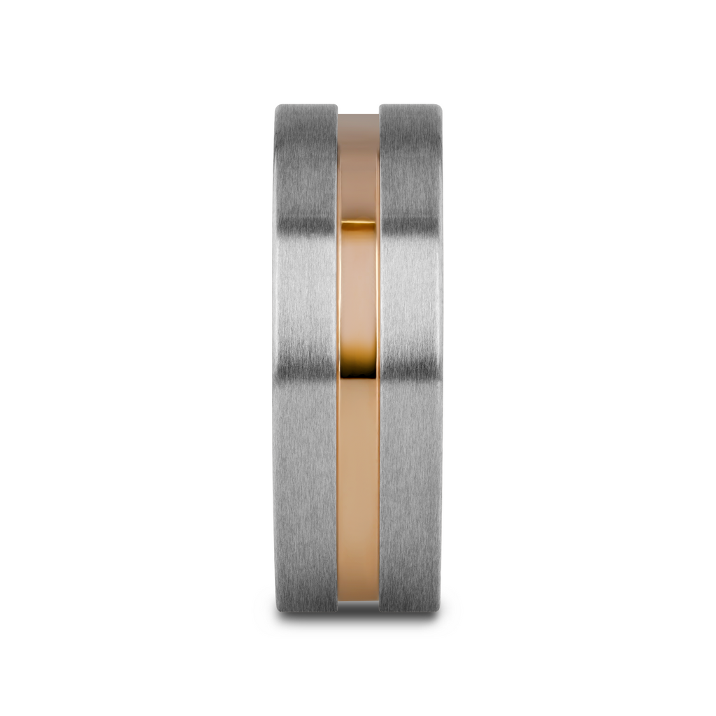 MARS Titanium Flat Brushed Finished Men's Wedding Ring With Rose Gold Plated Groove Center - 8mm