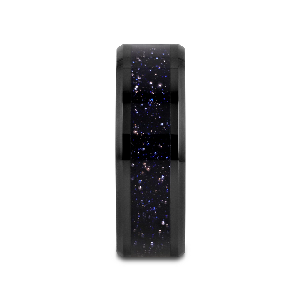MELO Black Ceramic Beveled Polished Men’s Wedding Band with Purple Goldstone Inlay - 8mm