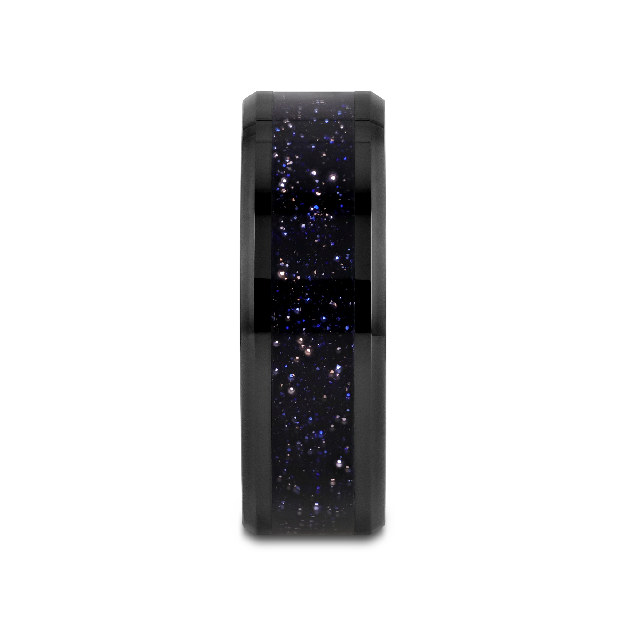 MELO Black Ceramic Beveled Polished Men’s Wedding Band with Purple Goldstone Inlay - 8mm