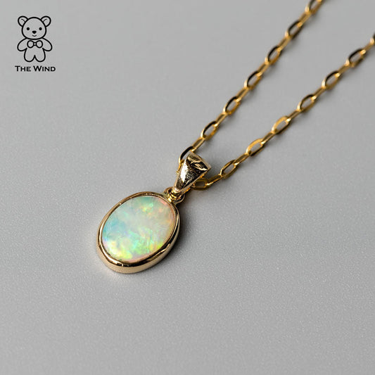 Oval Shaped Australian Solid Opal Necklace 18k Yellow Gold