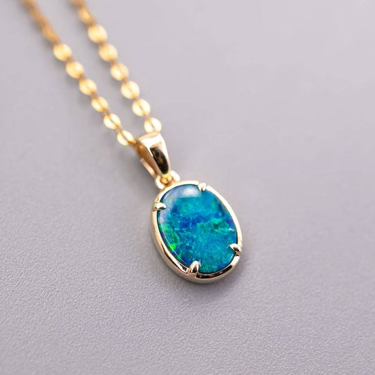 Minimal Style Oval Doublet Opal Pendant Necklace 14k Yellow Gold