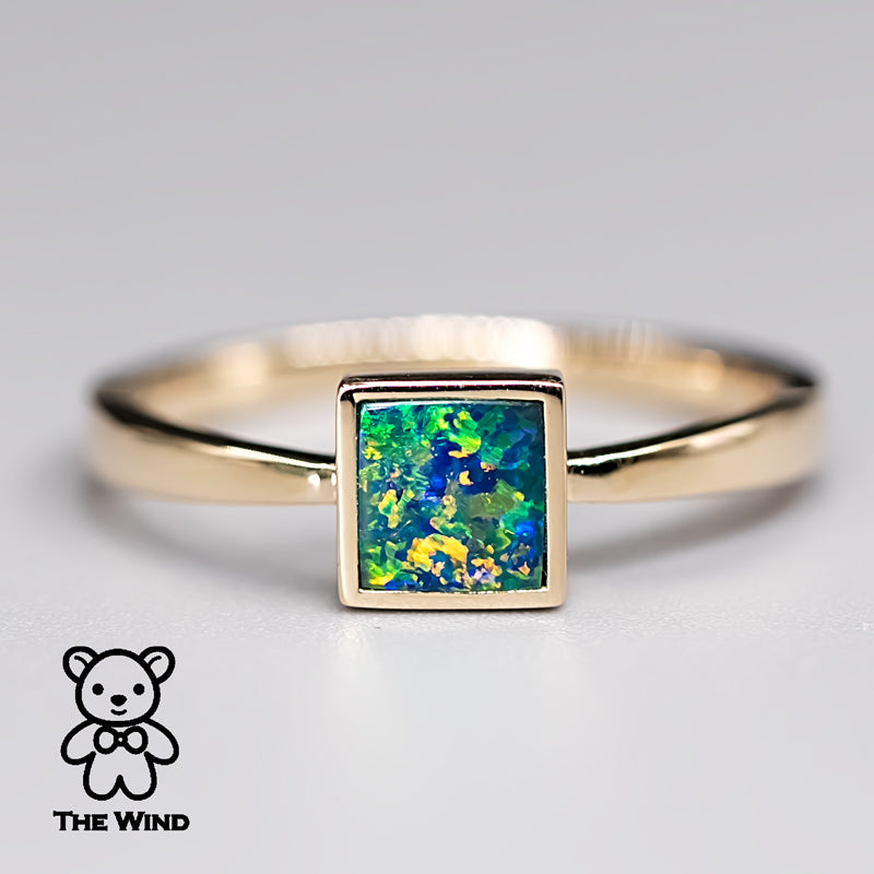 Geometric Square Shaped Australian Doublet Opal Ring 14K Yellow Gold