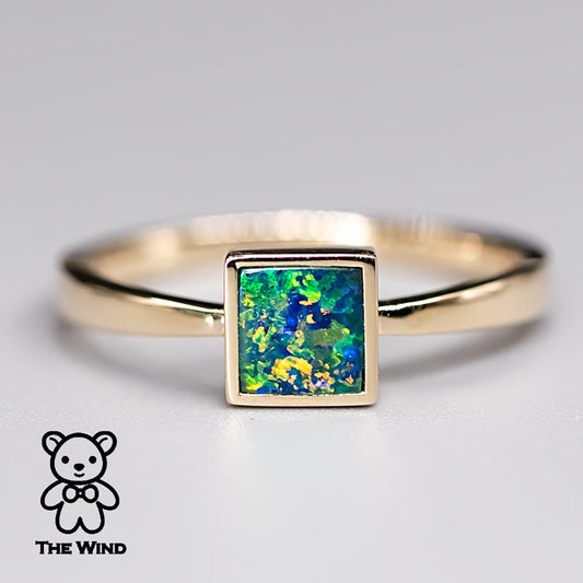 Geometric Square Shaped Australian Doublet Opal Ring 14K Yellow Gold