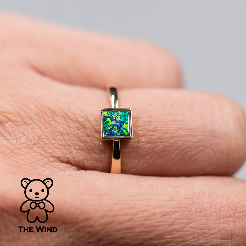Geometric Square Shaped Australian Doublet Opal Ring 14K Yellow Gold