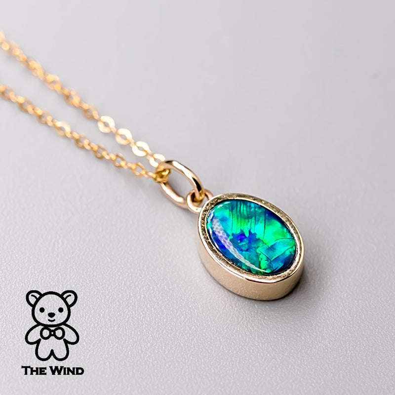 Geometric Oval Shaped Australian Doublet Opal Pendant 14k Yellow Gold