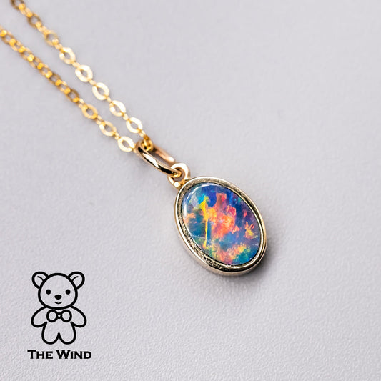 Geometric Oval Shaped Australian Doublet Opal Pendant 14k Yellow Gold