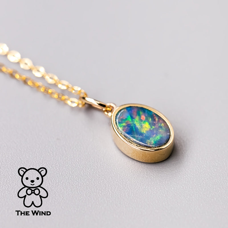 Geometric Oval Shaped Australian Doublet Opal Pendant 14k Yellow Gold