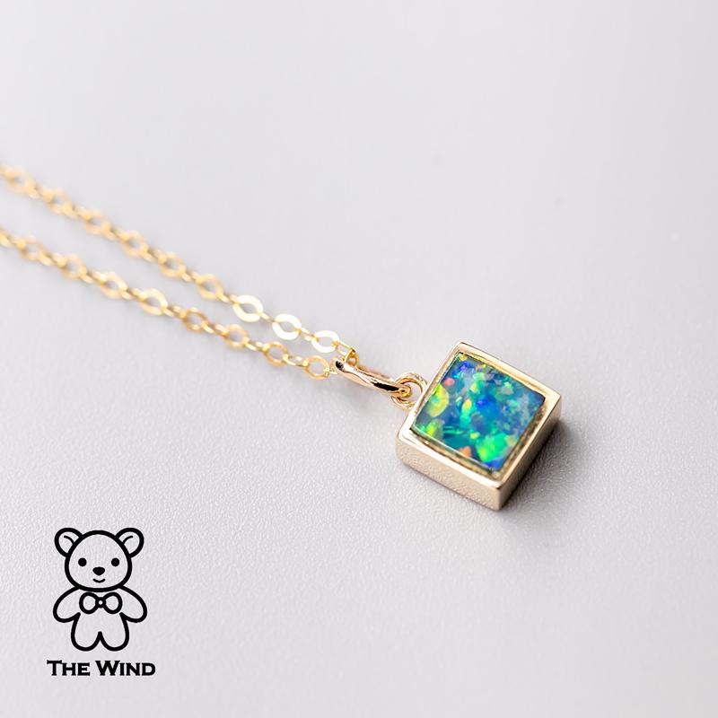 Geometric Square Shaped Australian Doublet Opal Pendant 14k Yellow Gold